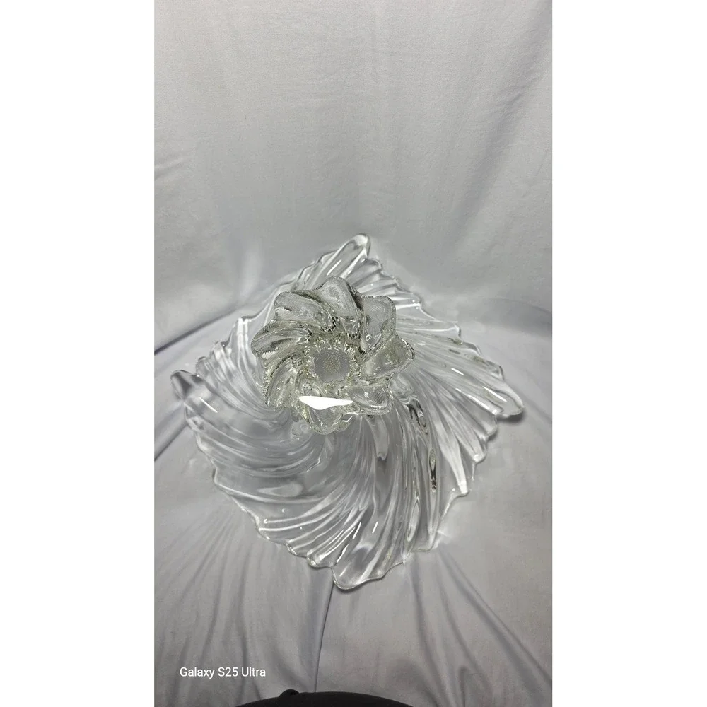 Vintage Clear Art Glass Ruffled Centerpiece Bowl Swirl Pedestal Fruit Dish